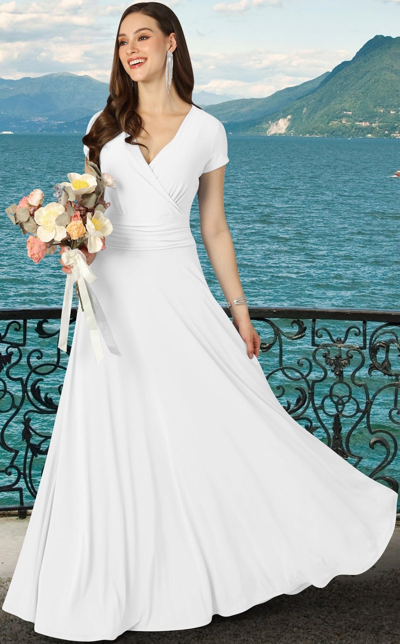 KOH KOH Plus Size Womenâ€™s Long Cap Short Sleeve Flowy Cocktail Semi Formal Prom Gala Black Tie Bridesmaid Wedding Guest Work Dressy Tall Gown Gowns Maxi Dress Dresses, Ivory White XL 14-16 - Image 3